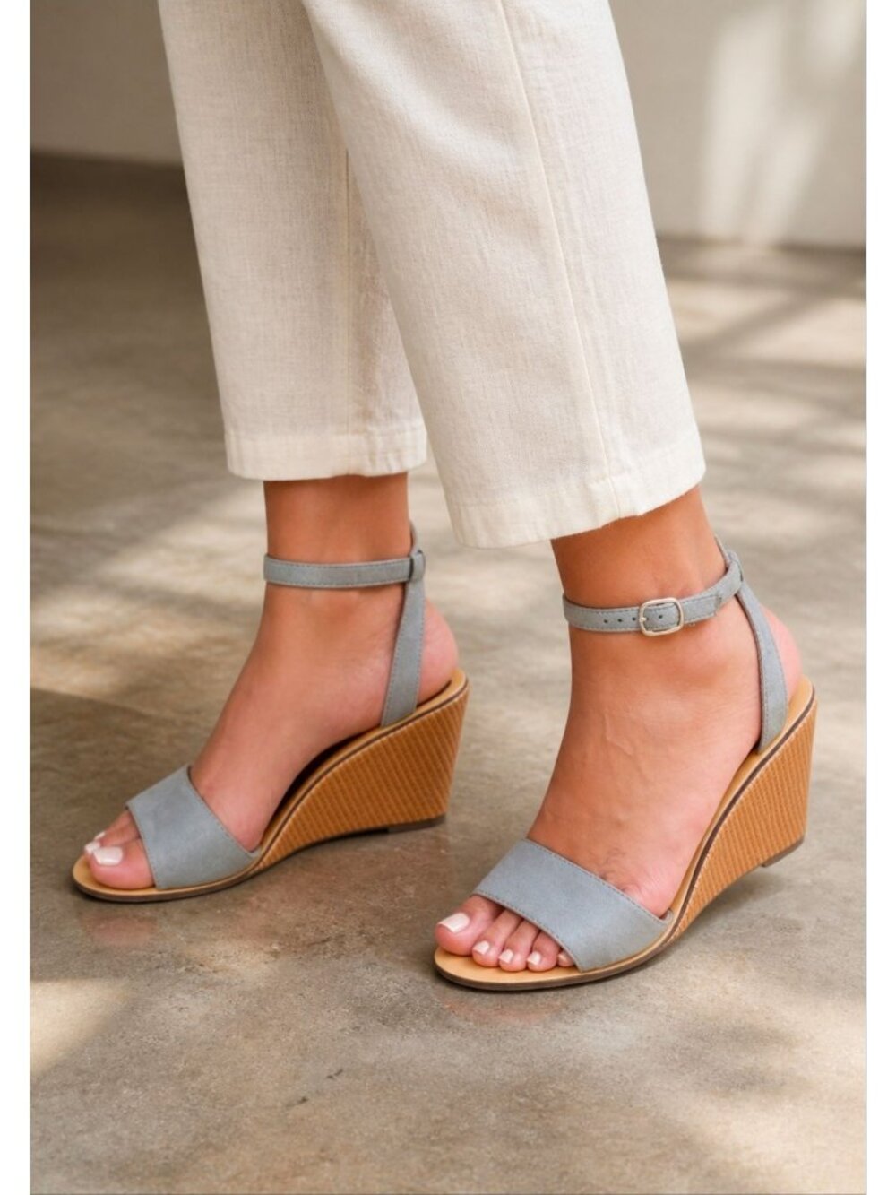 Womens Grey Wedge Sandals With Ankle Strap & Open Toe Design